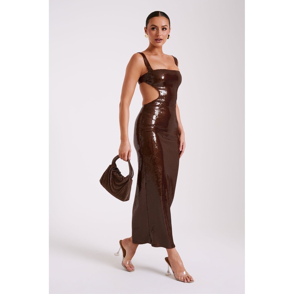 MESHKI Adoria Chocolate Sequin Cut Out Bodycon Maxi Dress Size M